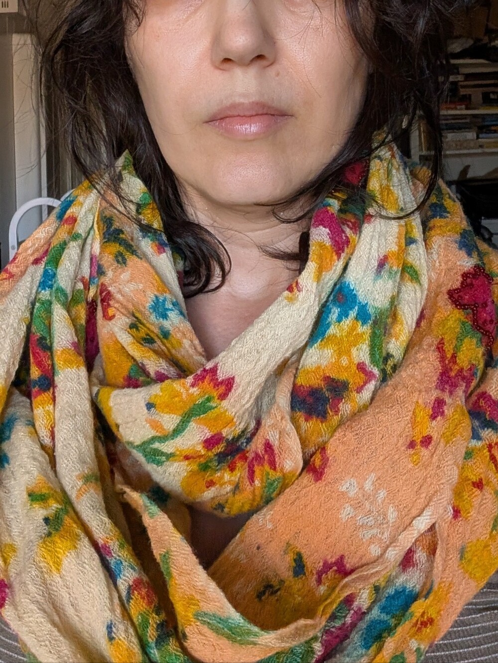 Colorful Floral Infinity Scarf - Yellow, Orange, Green, Blue